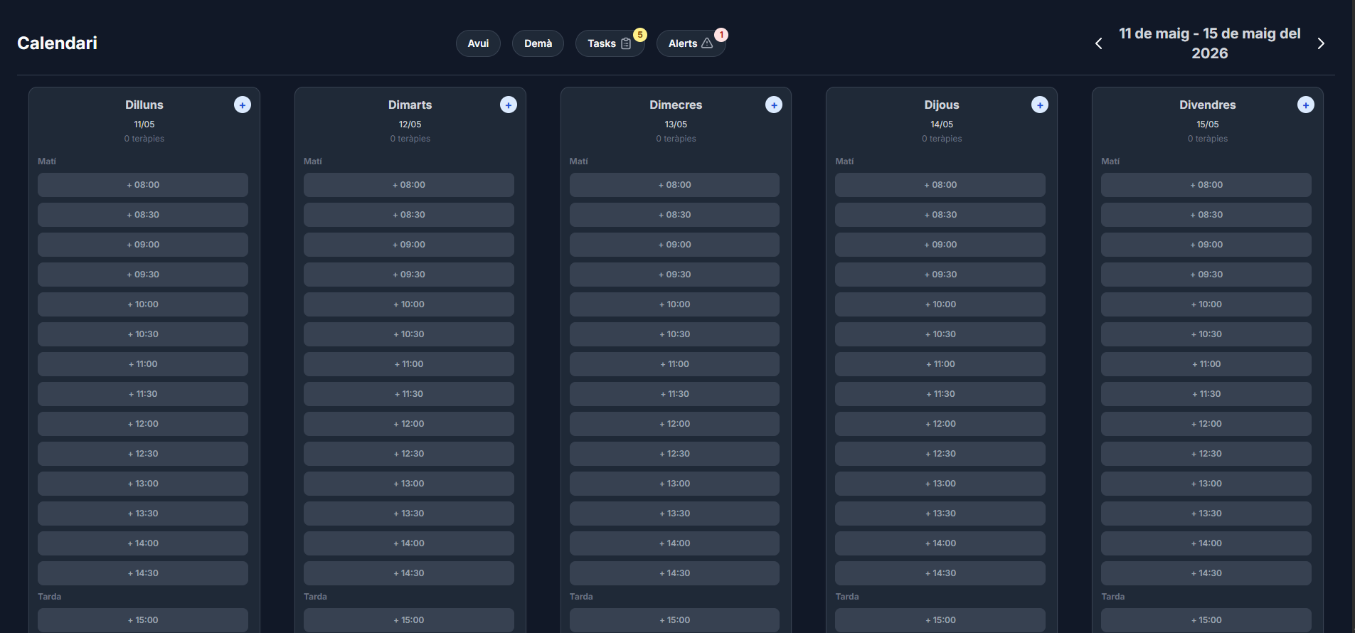 Vista de la agenda semanal de My Psico Agenda en modo oscuro con citas de pacientes